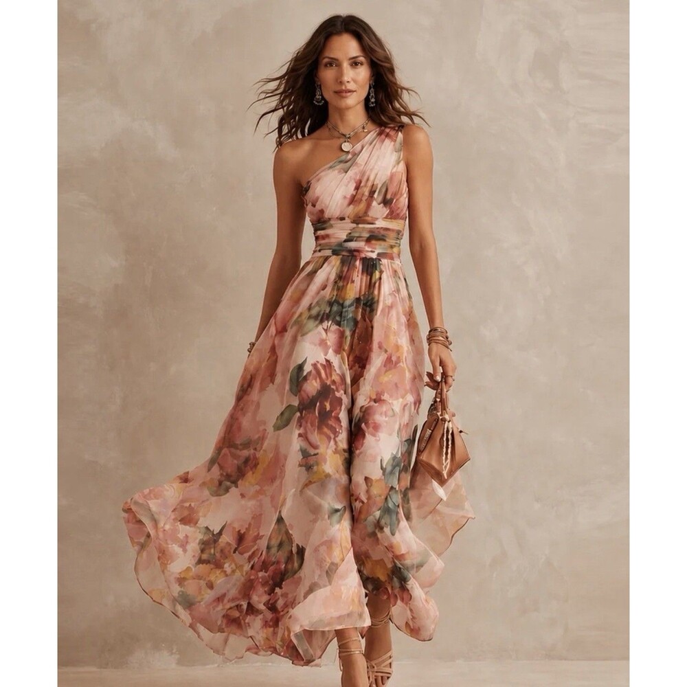 One Shoulder Waist Cinched Peach Long Floral Dress Size Large
